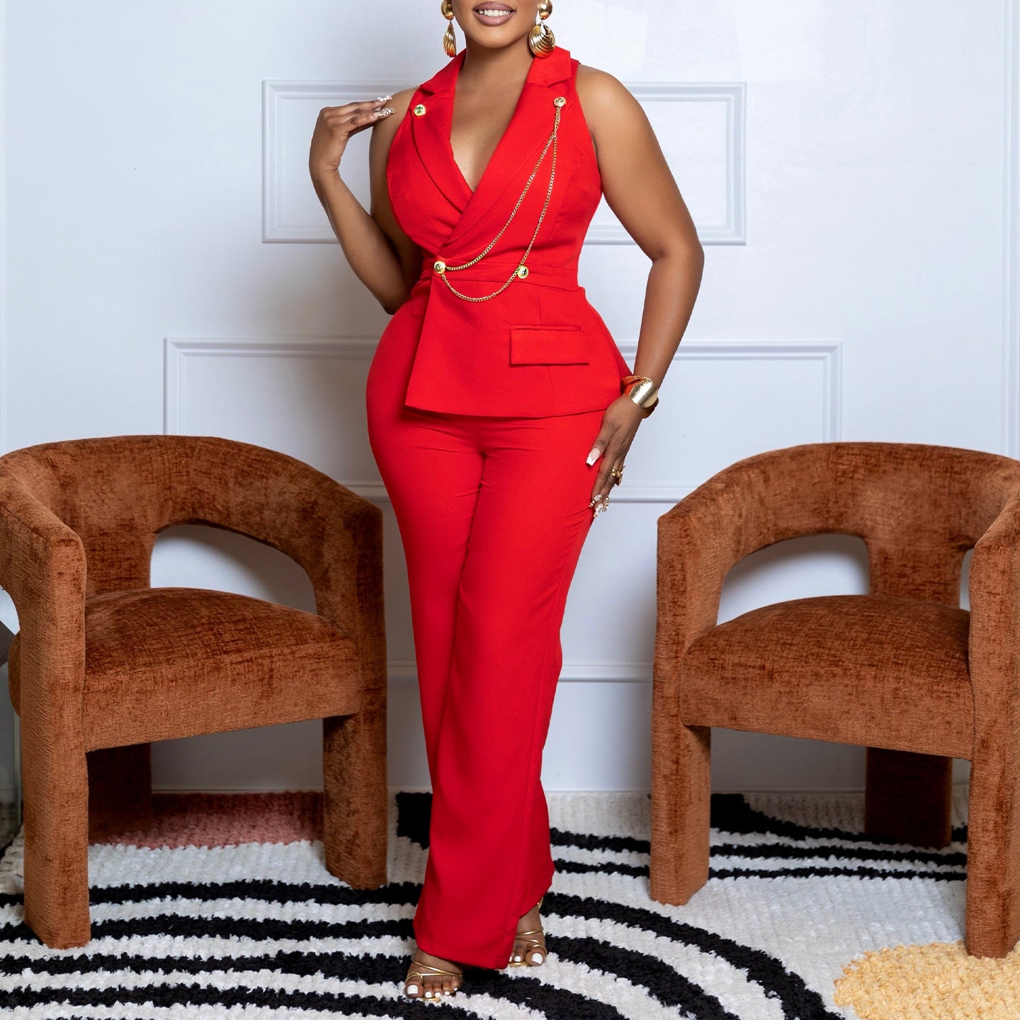 Chain Detailing Collar Jumpsuit for Timeless Power Dressing and Polished Modern Style