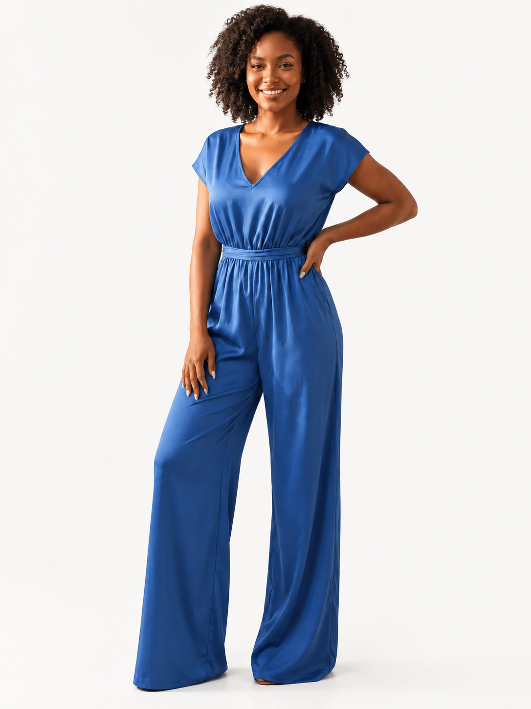 Women's Short Sleeve V Neck Wide Leg Jumpsuit with Tie Waist