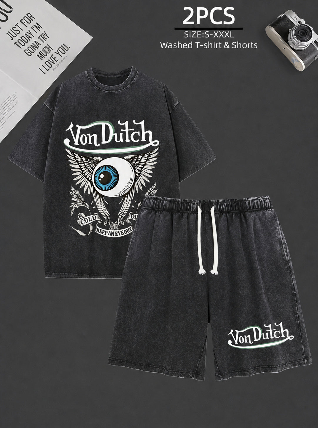 Men's Graphic Crew Neck T-Shirt and Drawstring Shorts Set