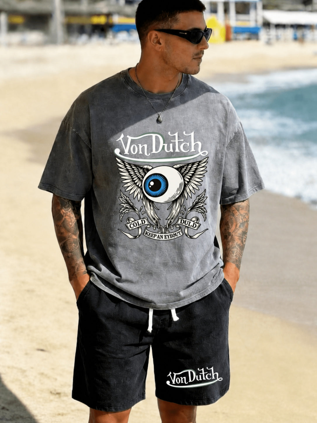 Men's Graphic Crew Neck T-Shirt and Drawstring Shorts Set