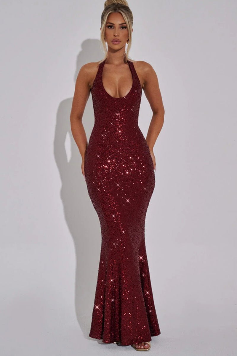 Women's Sleeveless Halter Neck Sequin Mermaid Gown