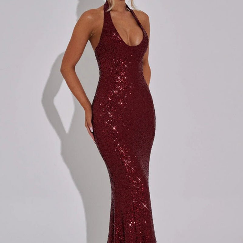 Women's Sleeveless Halter Neck Sequin Mermaid Gown