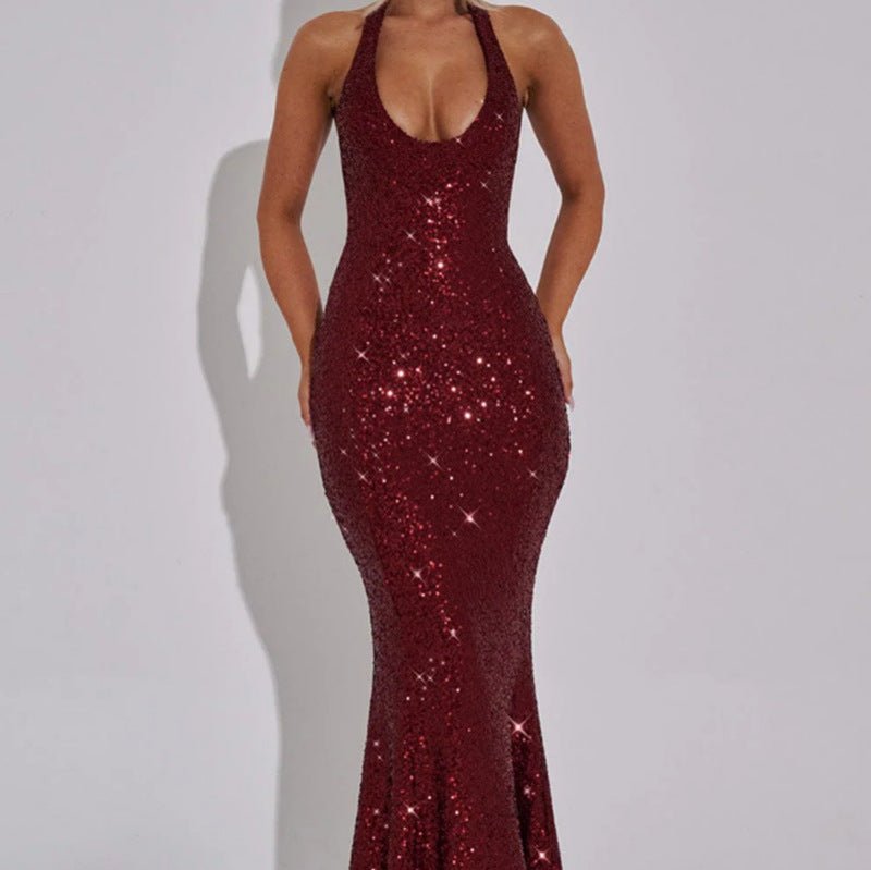 Women's Sleeveless Halter Neck Sequin Mermaid Gown