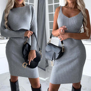 2pcs Suit Women's Solid Stripe Long-sleeved Top And Tight Suspender Skirt Fashion Autumn Winter Slim Clothing Dress