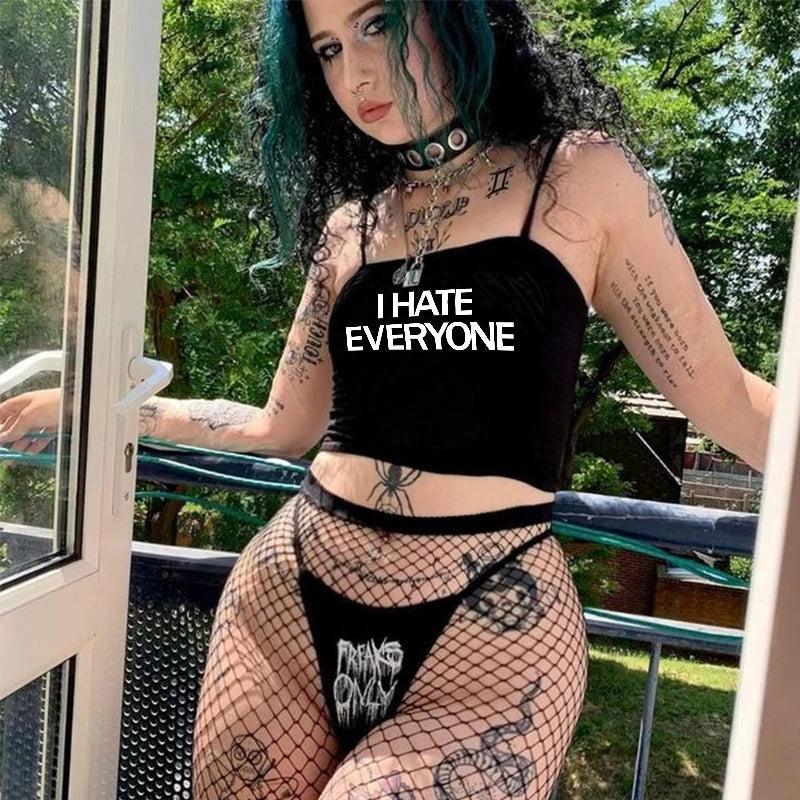 Aesthetic Goth "I HATE EVERYONE" Y2K Crop Top - Trendy Women's Short Sleeve Streetwear Tee