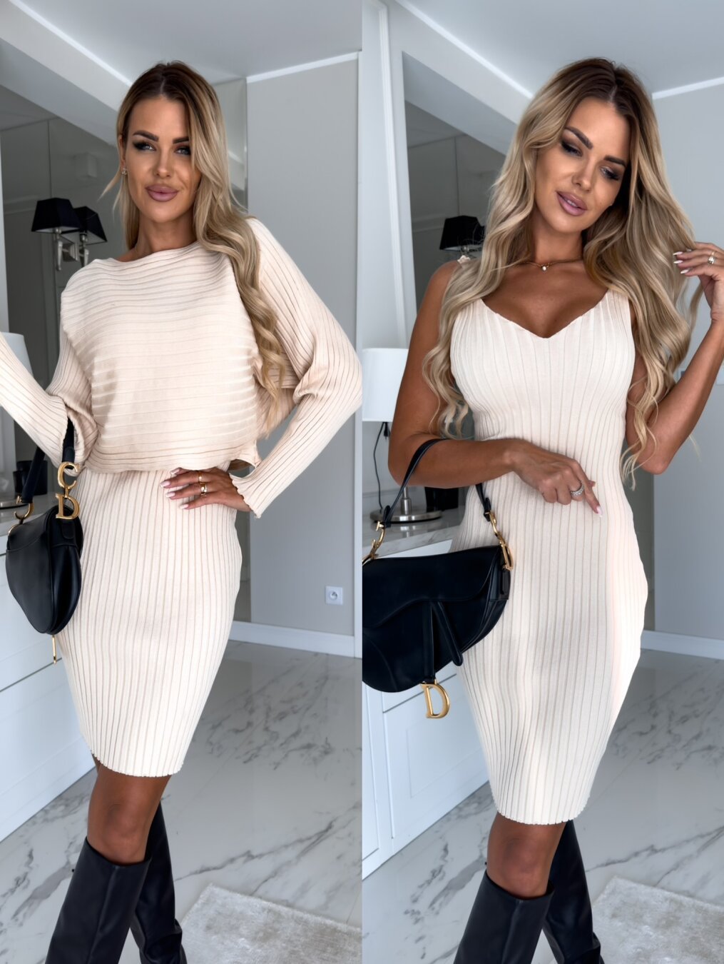 2pcs Suit Women's Solid Stripe Long-sleeved Top And Tight Suspender Skirt Fashion Autumn Winter Slim Clothing Dress