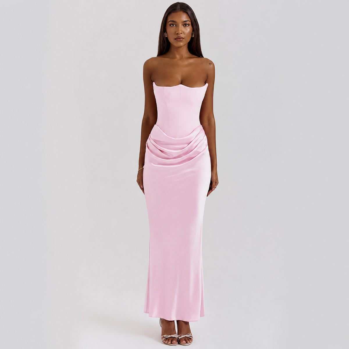 Women's Strapless Backless Ruched Mermaid Maxi Dress