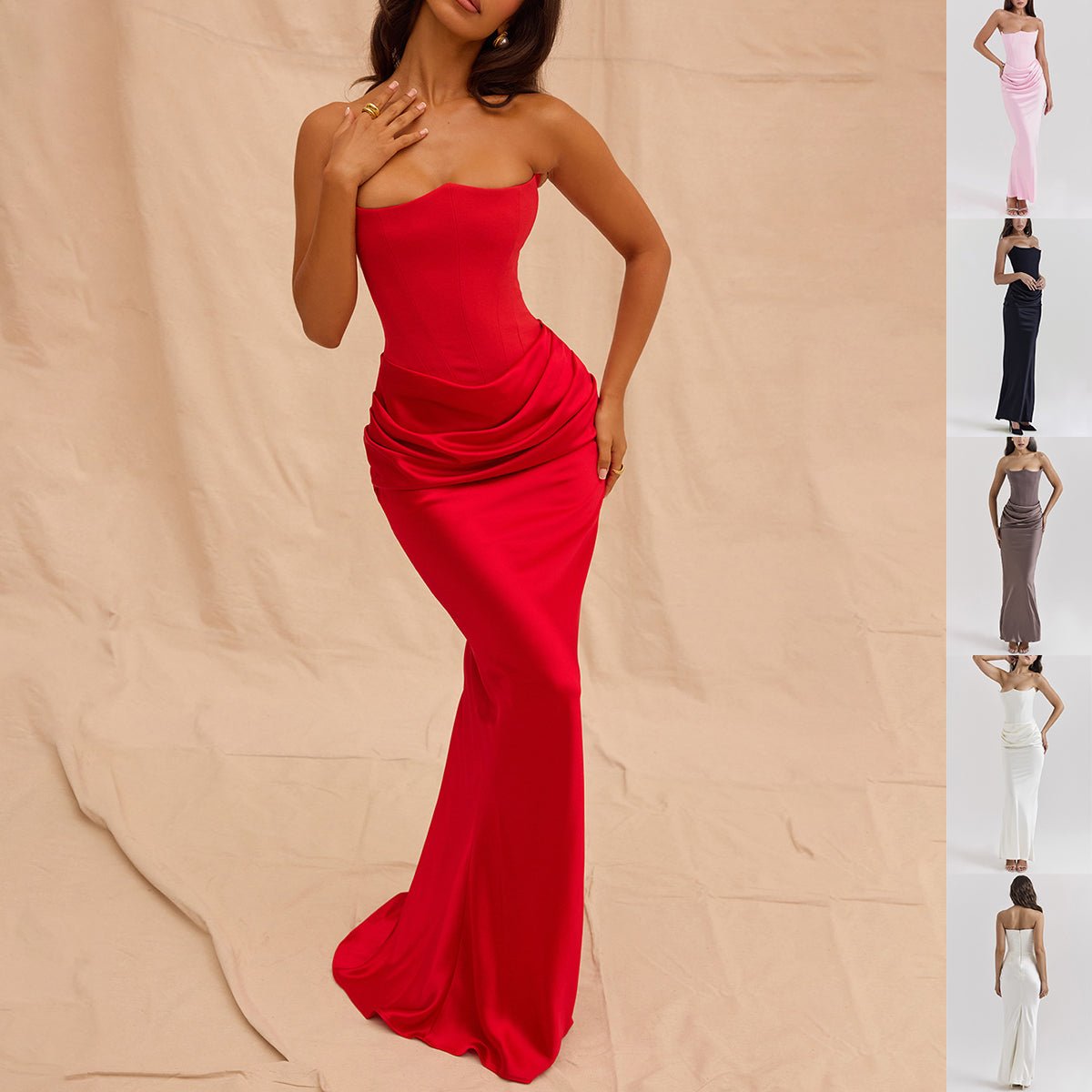 Women's Strapless Backless Ruched Mermaid Maxi Dress