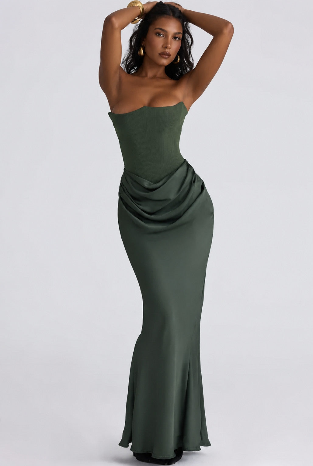 Women's Strapless Backless Ruched Mermaid Maxi Dress