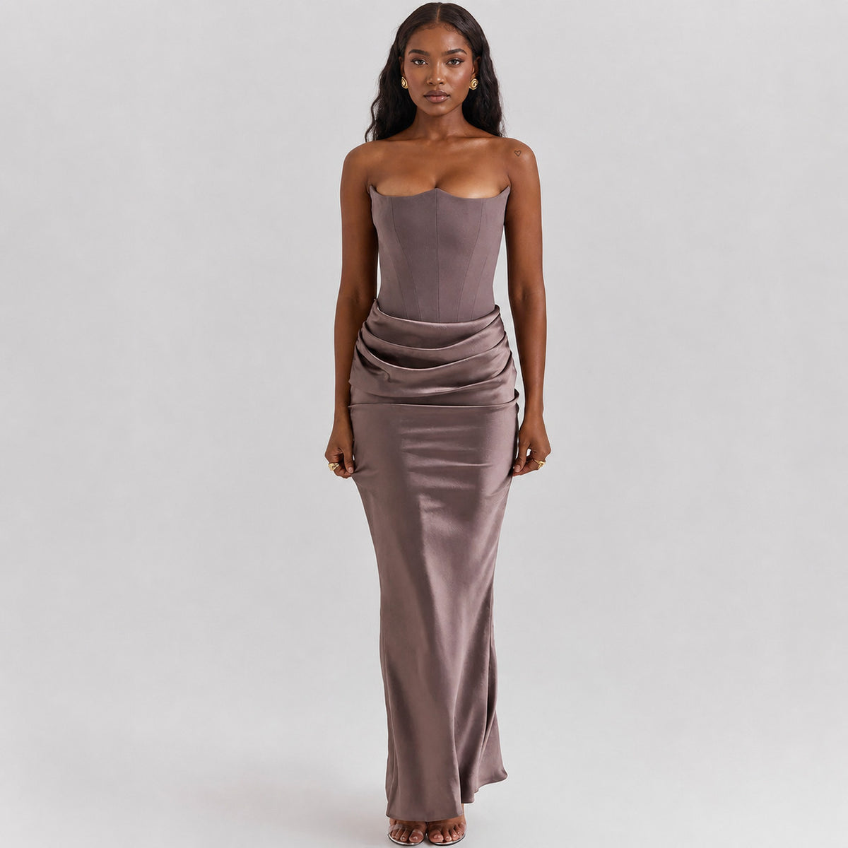 Women's Strapless Backless Ruched Mermaid Maxi Dress