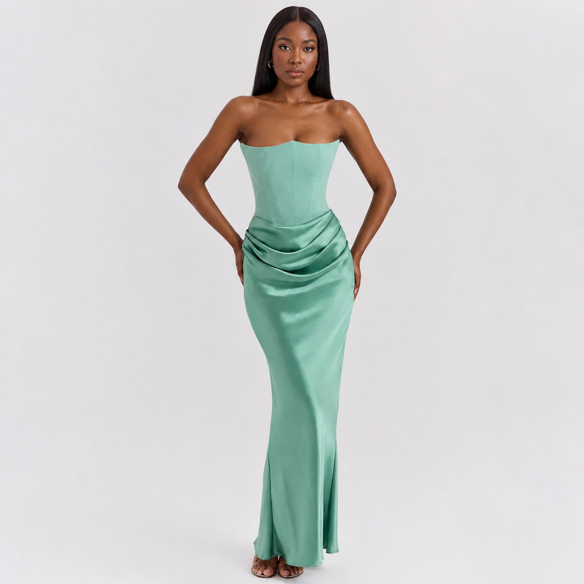 Women's Strapless Backless Ruched Mermaid Maxi Dress