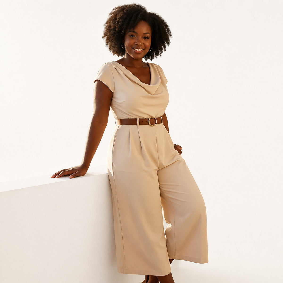 Detailed close-up of fabric and stitching of European jumpsuit on model with engaging face and natural lighting.