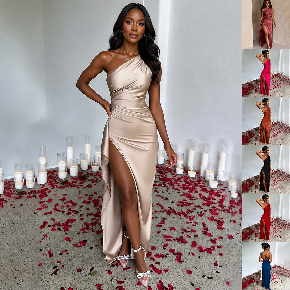Elegant One-Shoulder Backless Satin Dress with Slit for Women - Summer Slim-Fit Solid Color Design