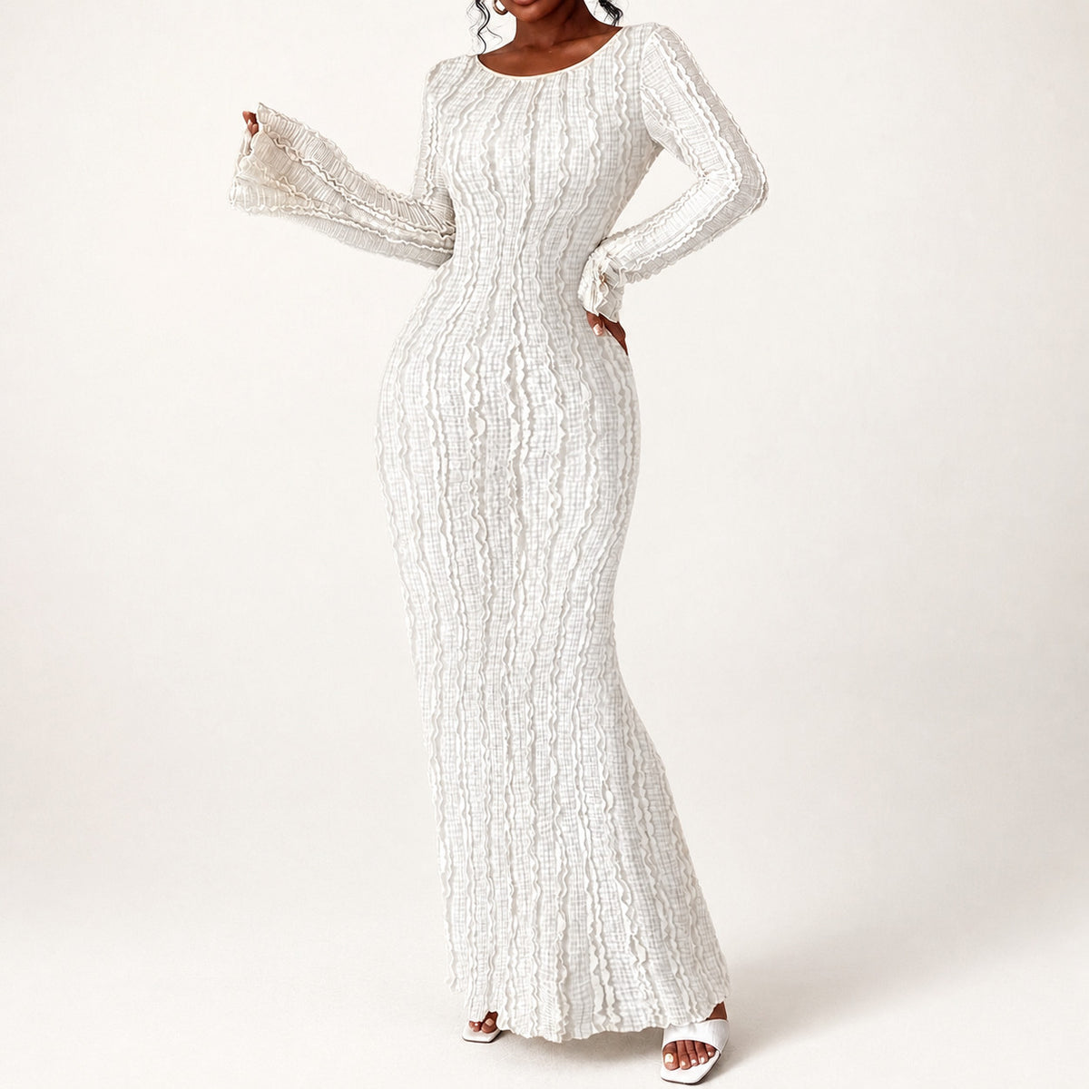 Women's Ribbed Round Neck Long Sleeve Maxi Dress with Open Back