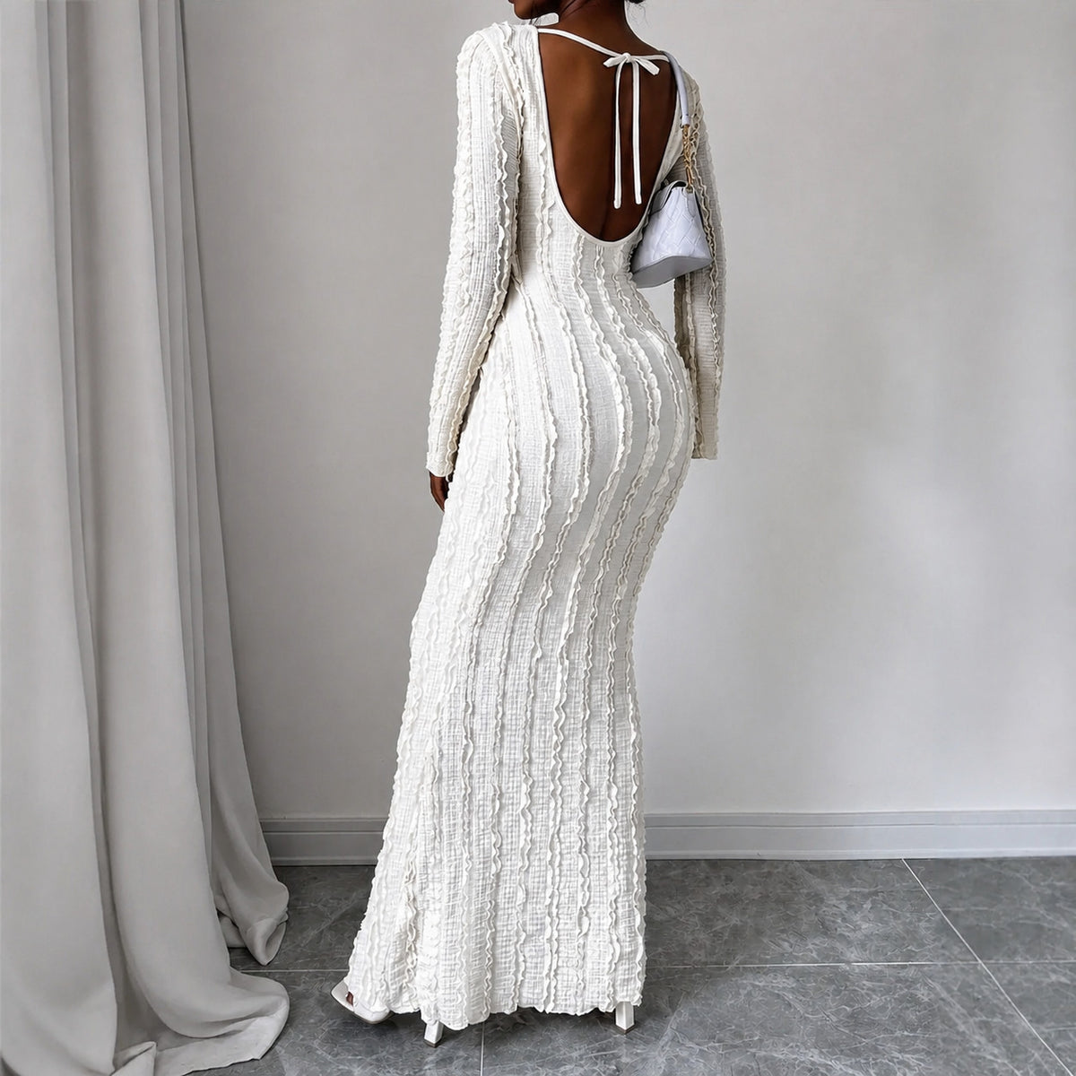 Women's Ribbed Round Neck Long Sleeve Maxi Dress with Open Back