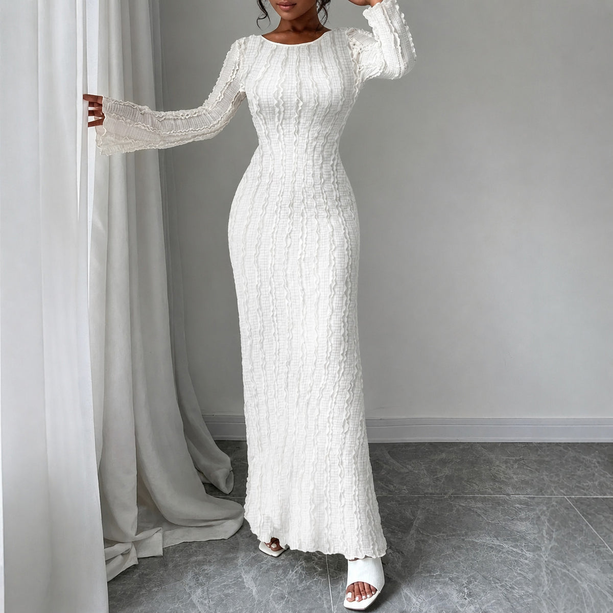 Women's Ribbed Round Neck Long Sleeve Maxi Dress with Open Back