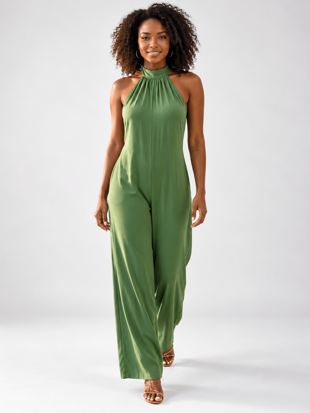 Women's Backless Halter Jumpsuit with Wide Legs and Side Pockets