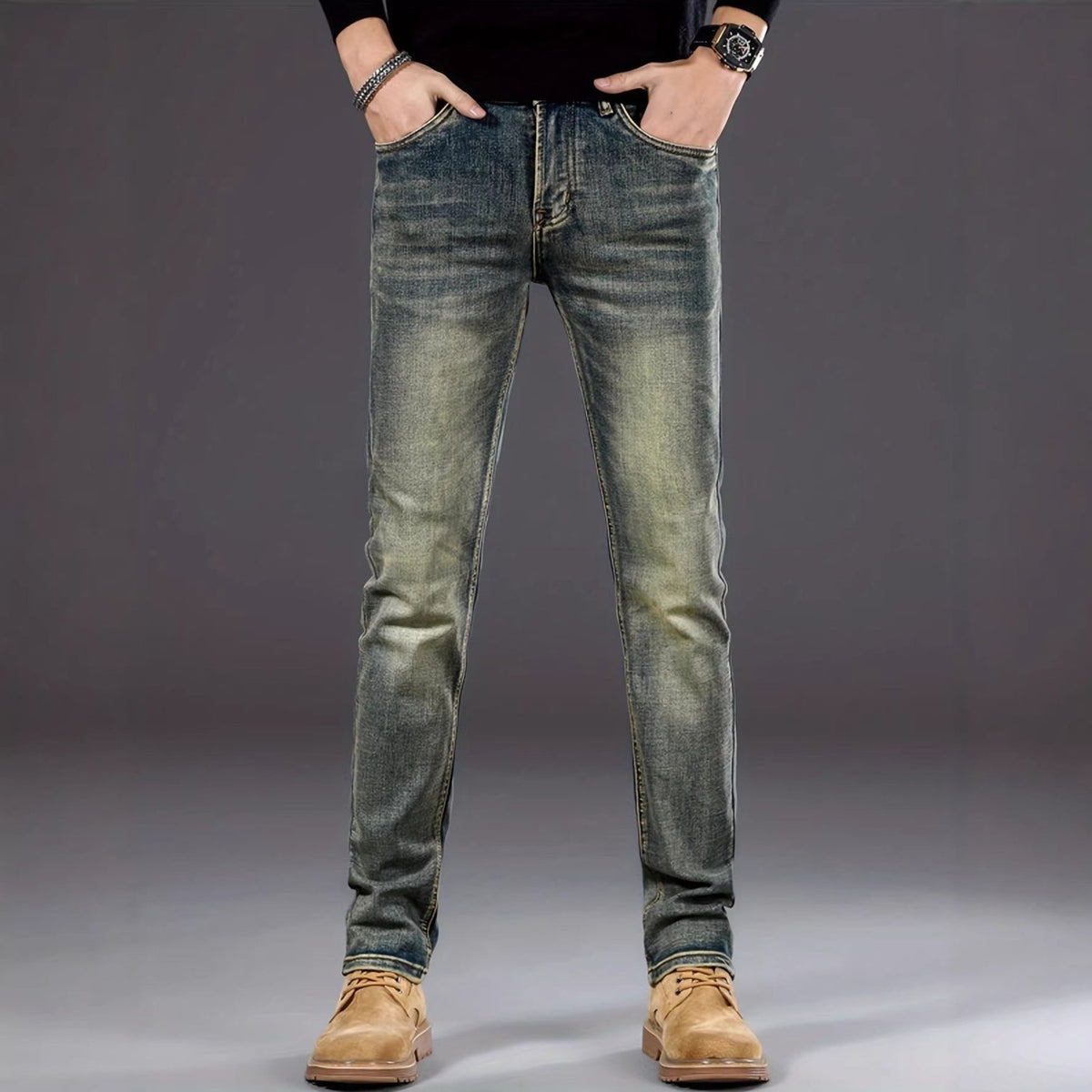 Men's Slim Fit Straight Leg Stretch Jeans with Five Pockets