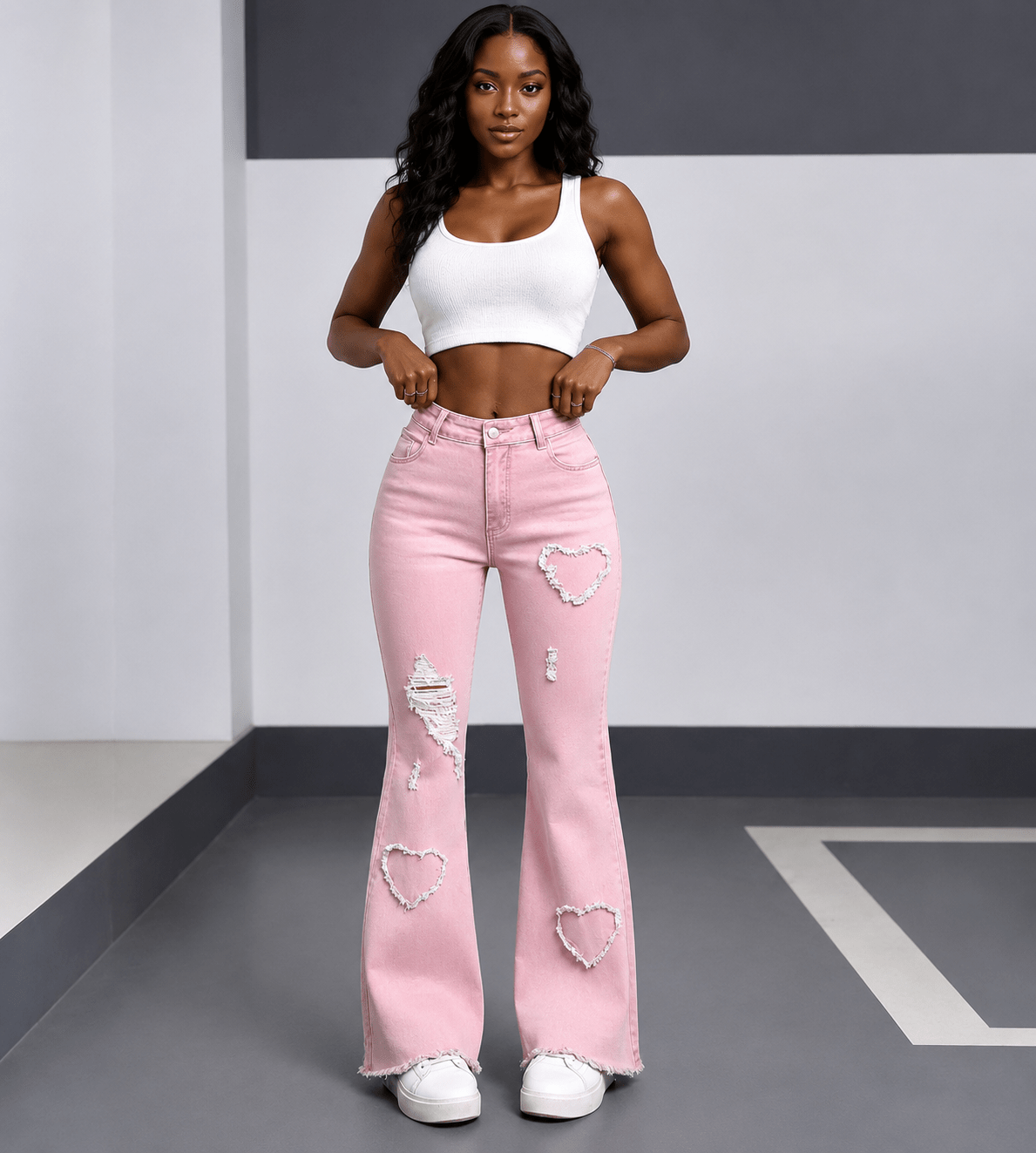 Women's High Waist Flare Jeans with Heart Embroidery and Distressed Details