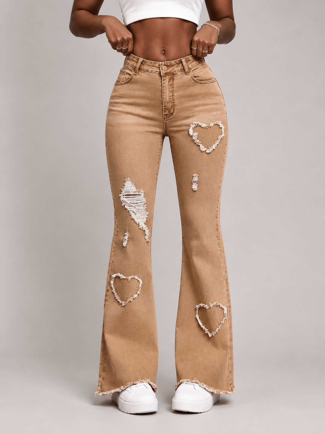 Women's High Waist Flare Jeans with Heart Embroidery and Distressed Details