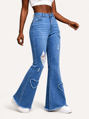 Women's High Waist Flare Jeans with Heart Embroidery and Distressed Details