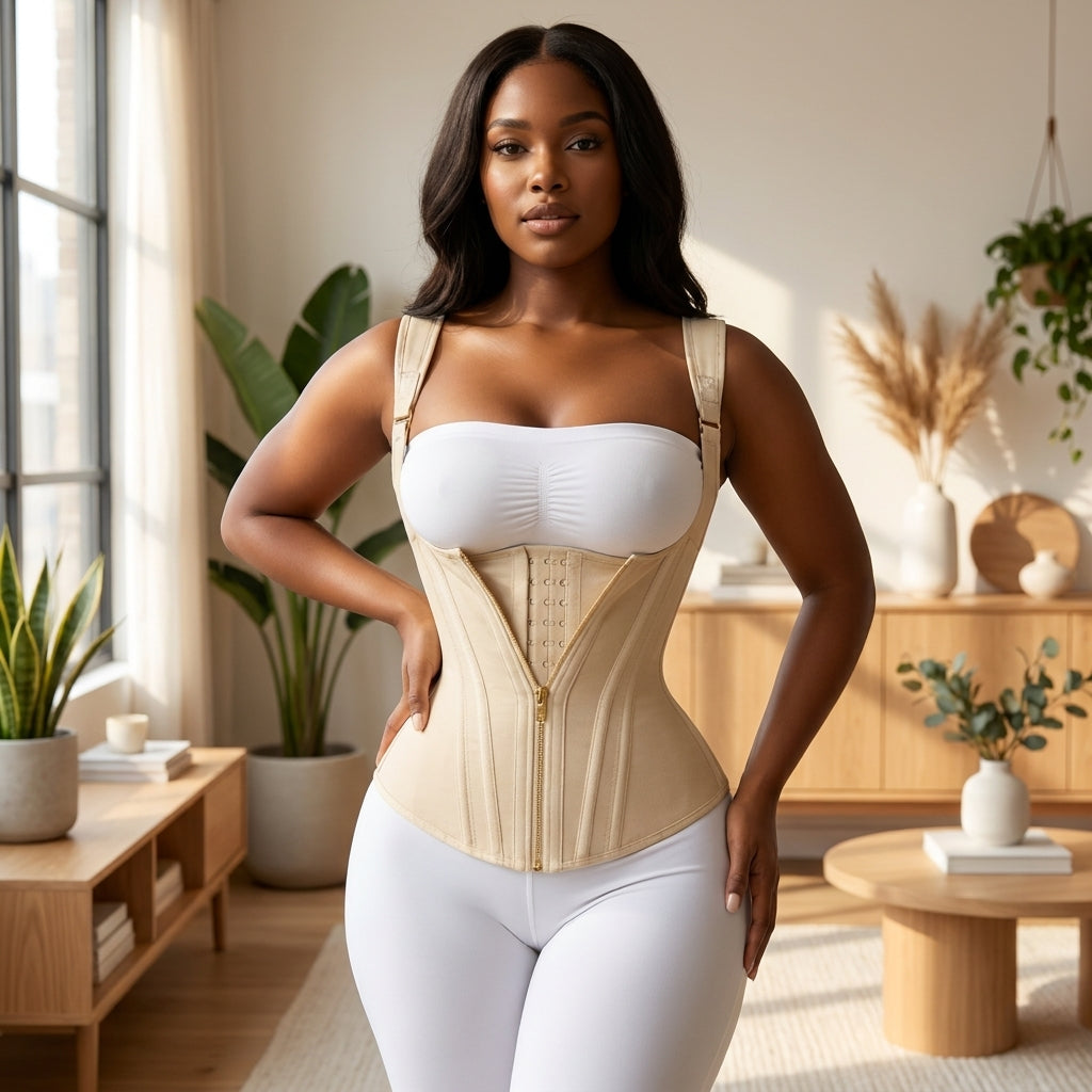 African American female model wearing elite hourglass waist trainer in modern stylish indoor setting, emphasizing support and silhouette.
