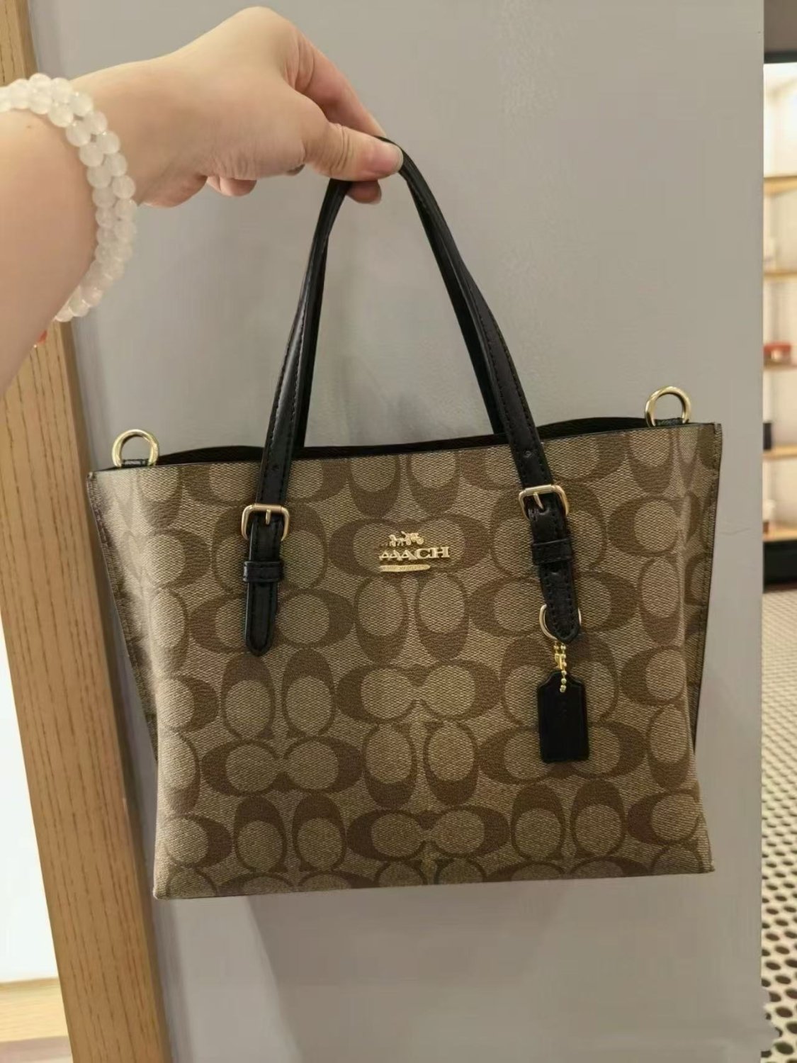 Patterned Zip-Top Tote Bag with Rolled Handles and Detachable Crossbody Strap