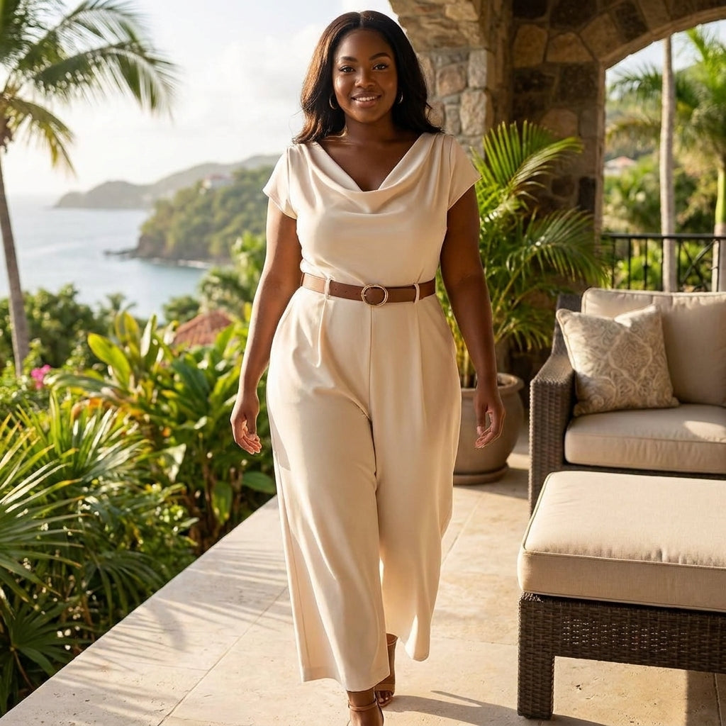African American woman in black jumpsuit outdoors on a villa balcony with greenery, showcasing effortless style and comfort.