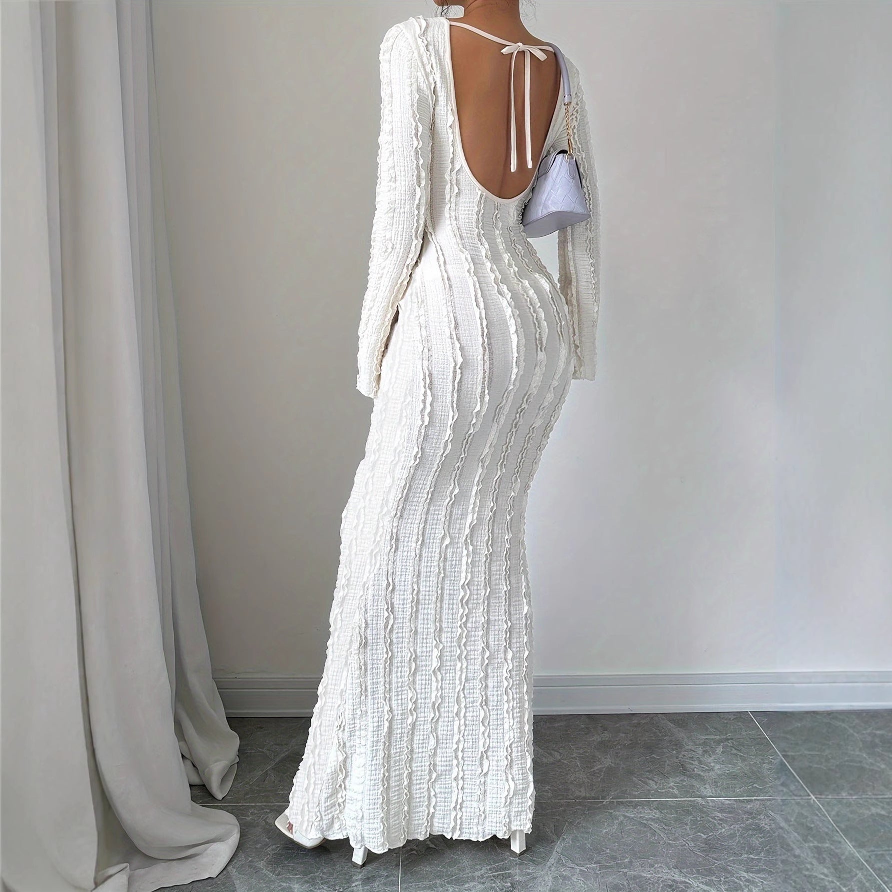 Elegant Patchwork Maxi Dress With Round Neckline And Flared Long Sleeves For Evening Glamour