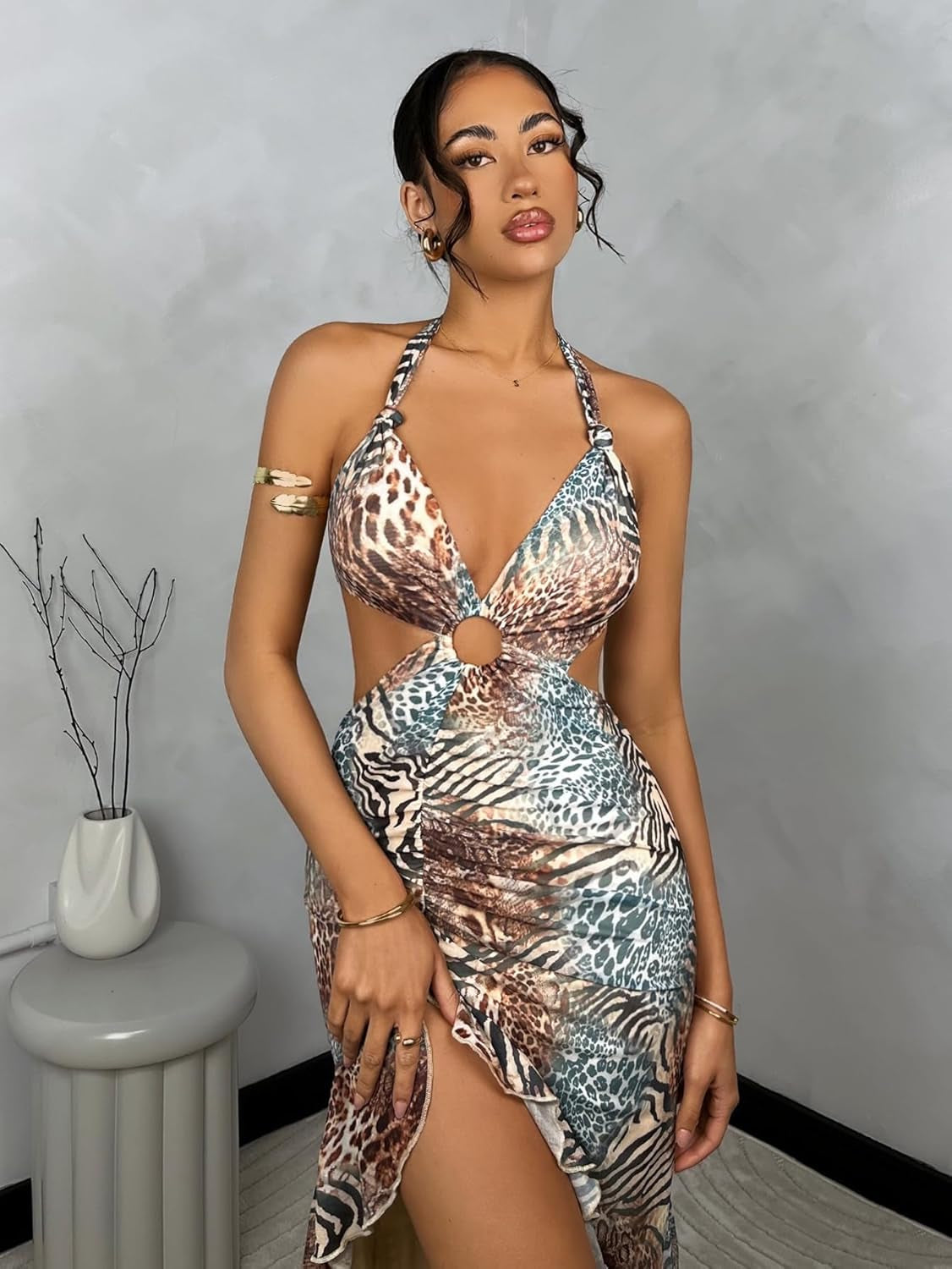 Floral Cheetah Print Halter Cut Out Dress with Asymmetrical Hem and High Slit - Sexy Mesh Ruffle Style for Women