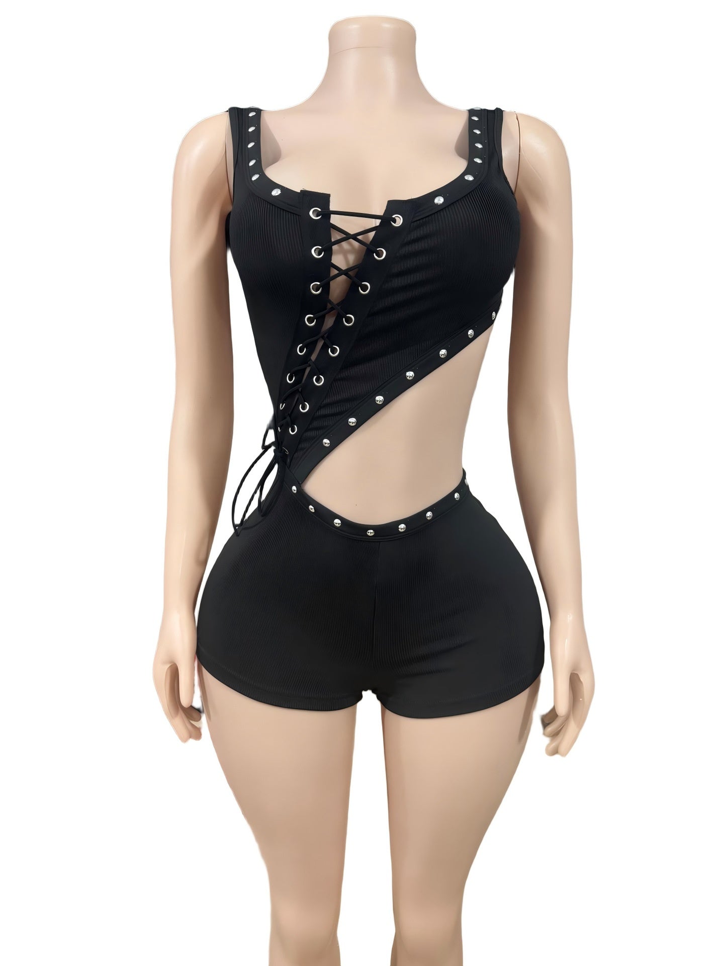 Architectural Asymmetric Strap Jumpsuit With Lace Up Detailing For Bold Streetwear Moments
