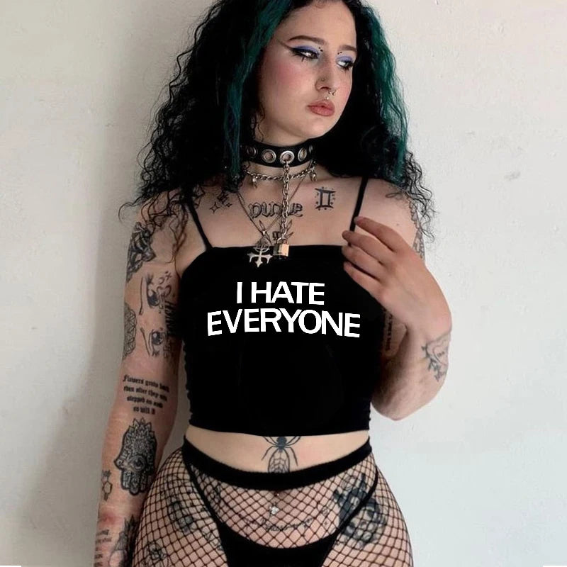 Aesthetic Goth "I HATE EVERYONE" Y2K Crop Top - Trendy Women's Short Sleeve Streetwear Tee