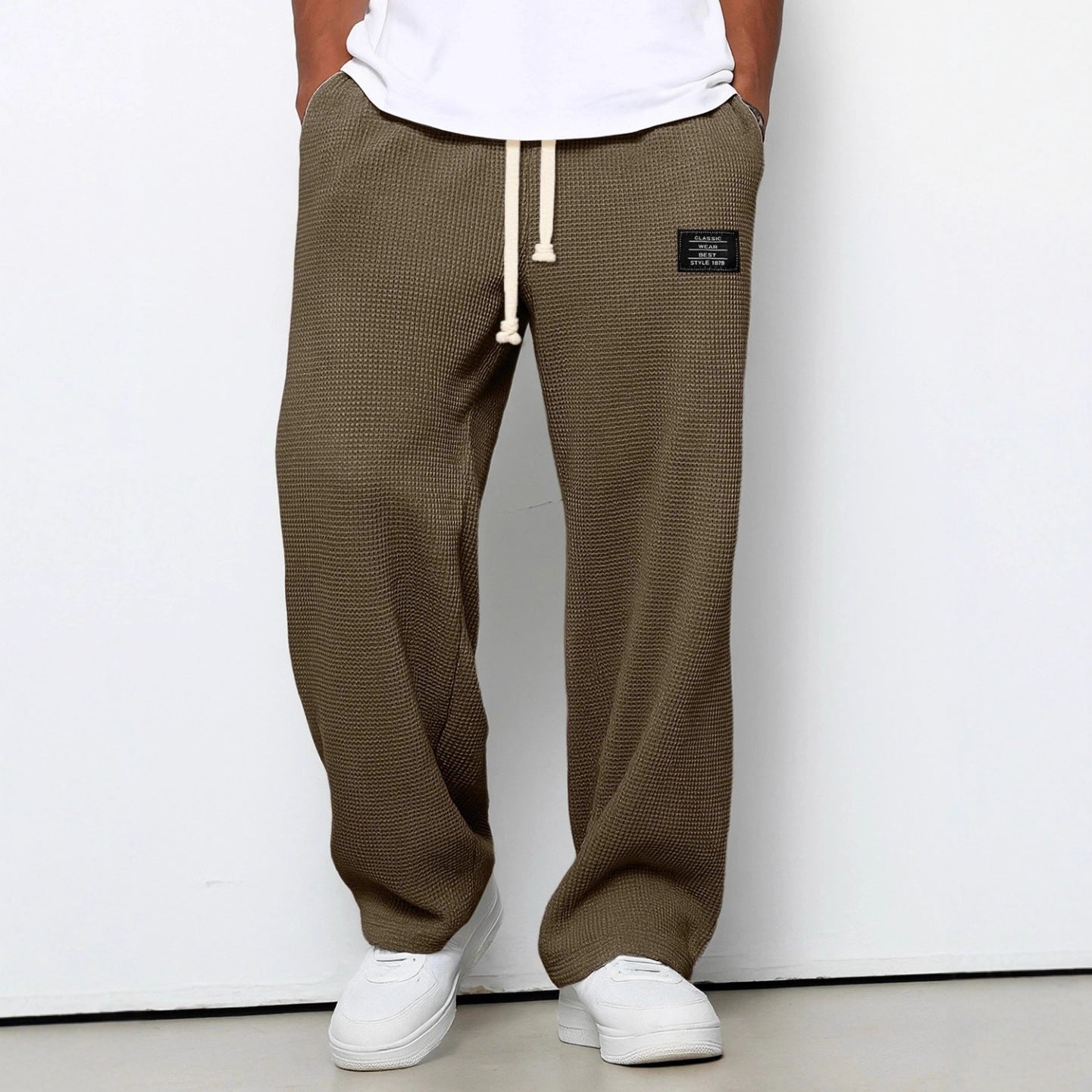 Waffle Straight Pants Fashion Brand Loose Loose  Drawstring Pockets Trousers Casual Men's Clothing
