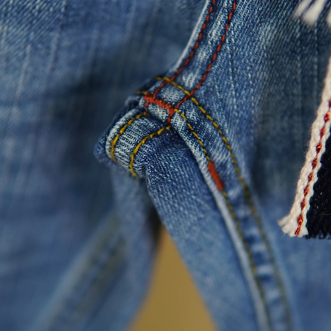 Red Selvedge Denim 12Oz Jeans for Men - Vintage Spring/Summer Thin Casual Stretch Slim Tapered Whiskered Washed Trousers 5KM