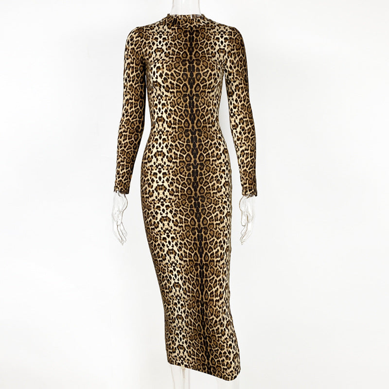 Autumn And Winter New Women's Leopard Print Long-sleeved Slim Dress