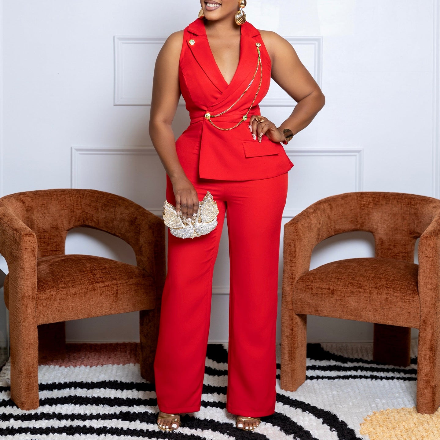 Chain Detailing Collar Jumpsuit for Timeless Power Dressing and Polished Modern Style