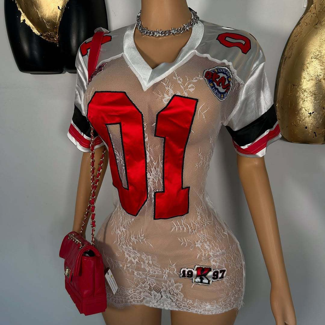 Monogram Patch Short Sleeve Dress With Geometric Embroidery For Modern Fashion Statement