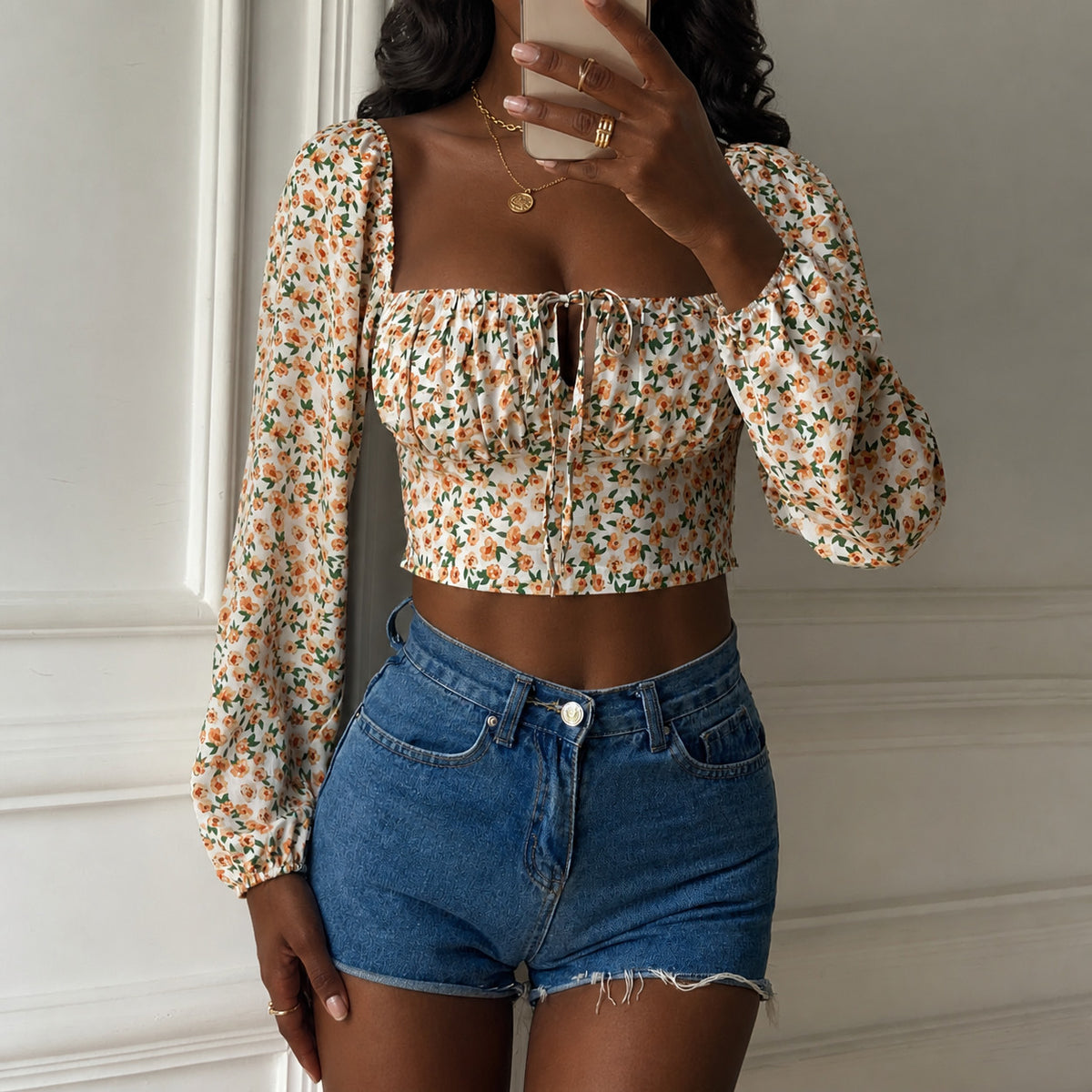 Floral Square Neck Cropped Blouse with Tie Front and Bishop Sleeves