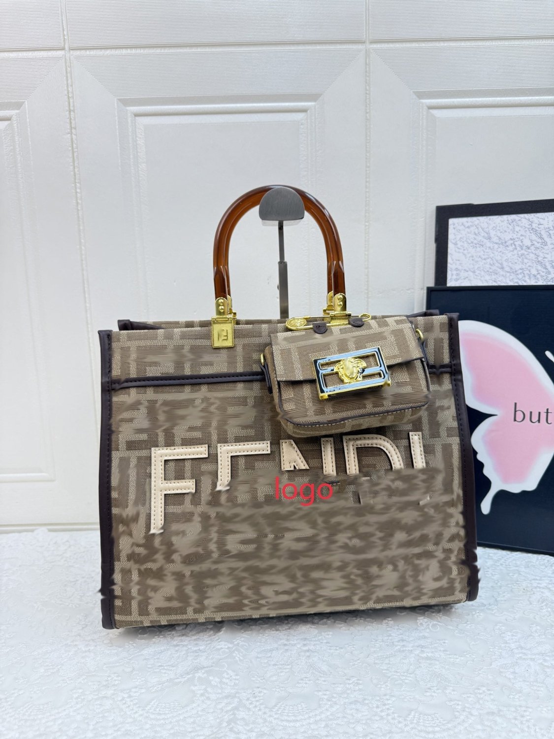 Structured Geometric Pattern Tote with Top Handles, Flap Closure, and Shoulder Strap