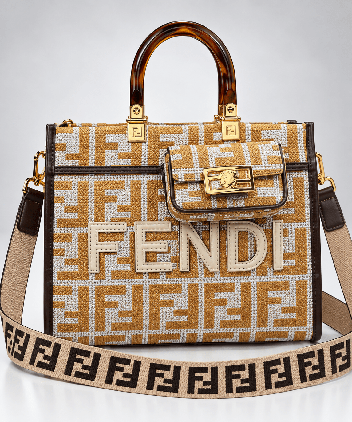 Structured Geometric Pattern Tote with Top Handles, Flap Closure, and Shoulder Strap