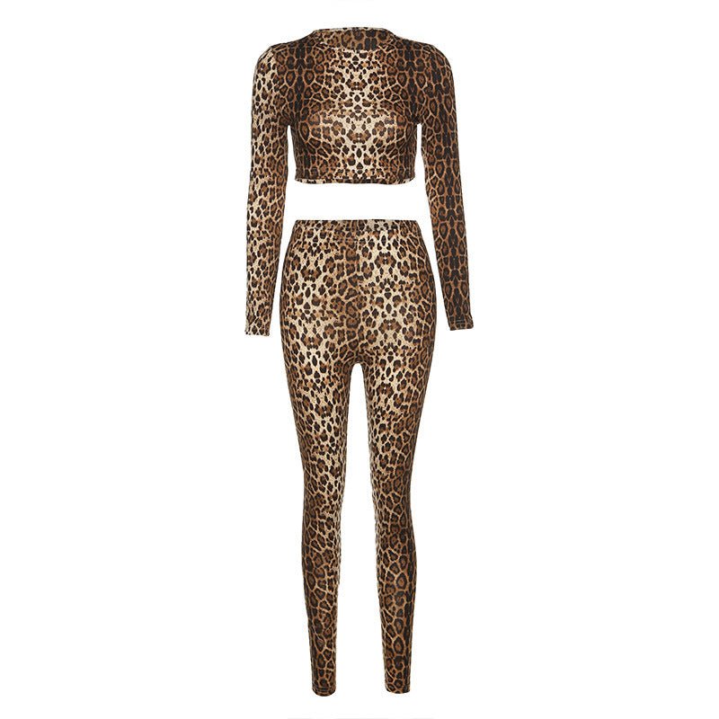 Women's Leopard Print Long Sleeve Crop Top and High Waist Leggings Set