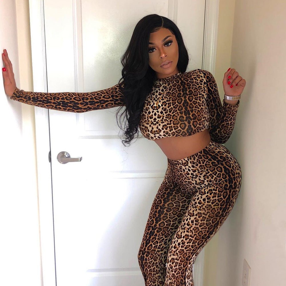 Women's Leopard Print Long Sleeve Crop Top and High Waist Leggings Set