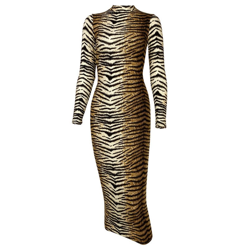 Women's Animal Print Long Sleeve Bodycon Midi Dress