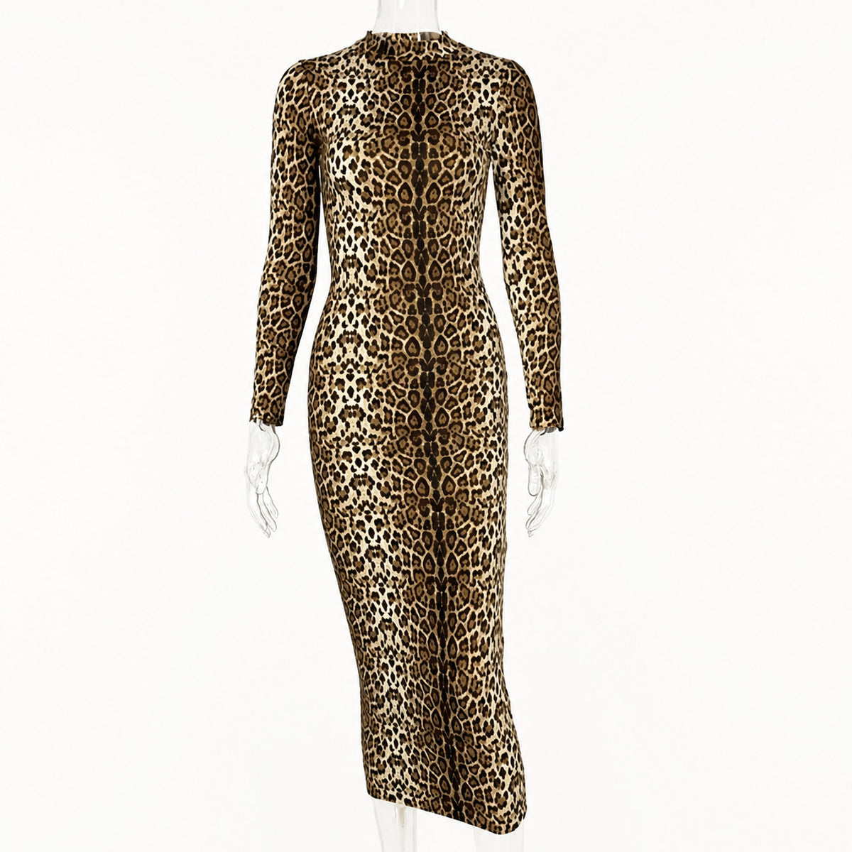 Women's Animal Print Long Sleeve Bodycon Midi Dress