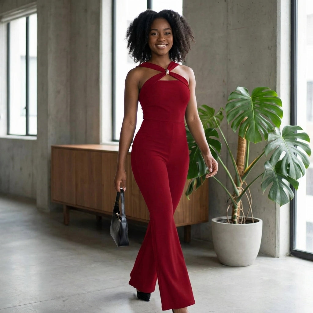Young African American woman wearing a Luxe Buckle Flared Jumpsuit in a minimalist indoor setting, showcasing the fit and buckle detail.