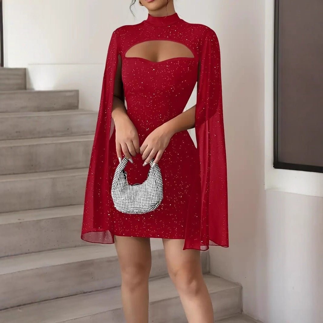 Women's High Neck Cutout Sheath Mini Dress with Cape Sleeves