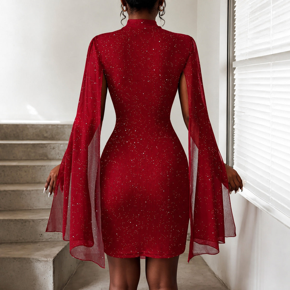Women's High Neck Cutout Sheath Mini Dress with Cape Sleeves