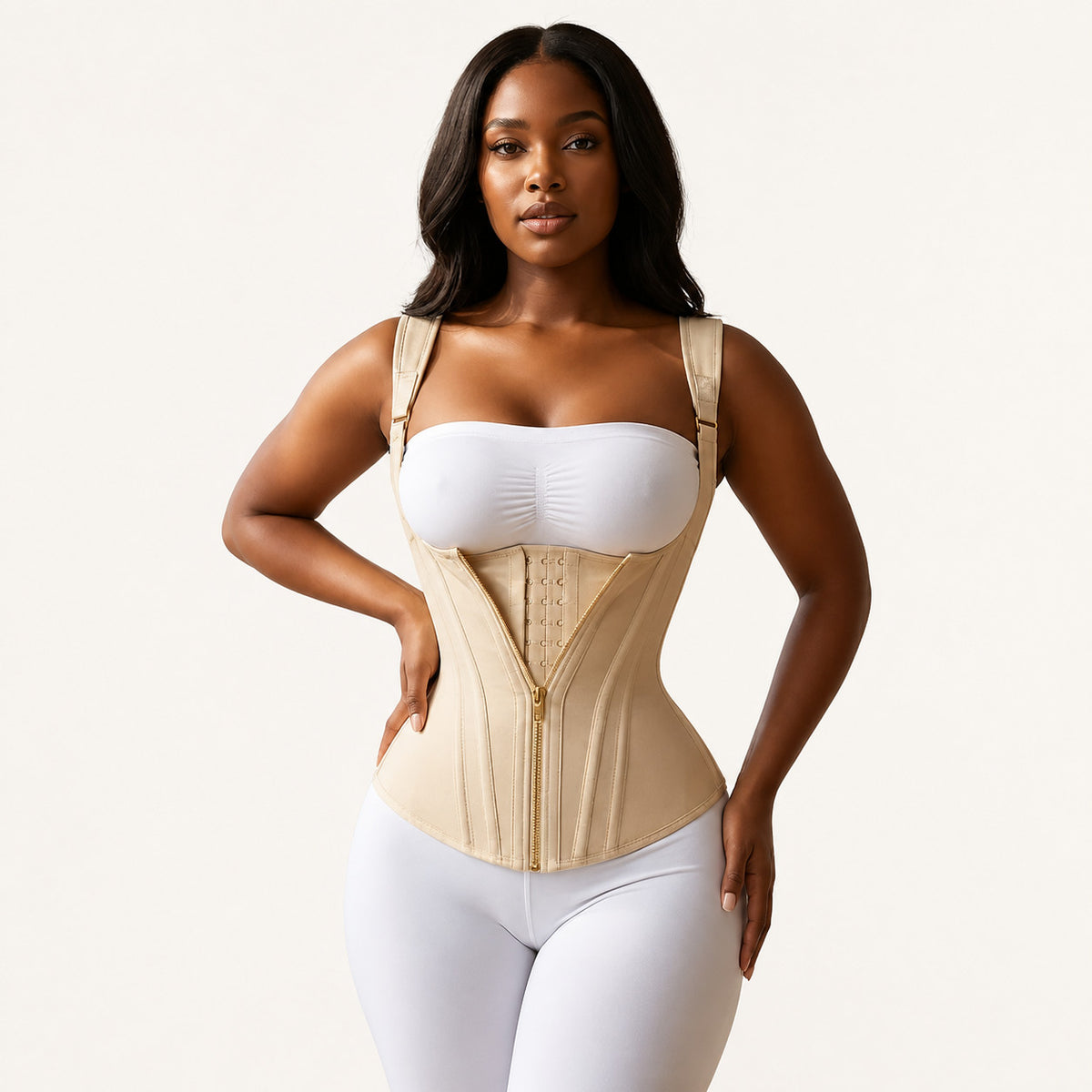 African American female model wearing elite hourglass waist trainer in modern stylish indoor setting, emphasizing support and silhouette.
