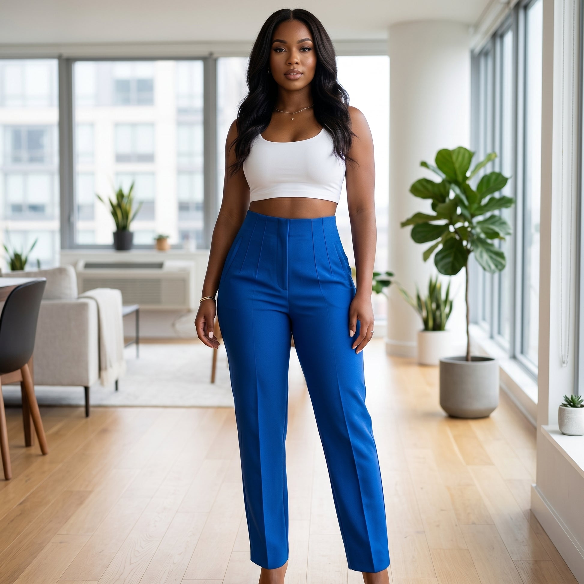Elegant African American woman wearing sapphire blue pleated high-waist trousers in modern indoor space with soft natural lighting, highlighting relaxed luxury and tailored fit.