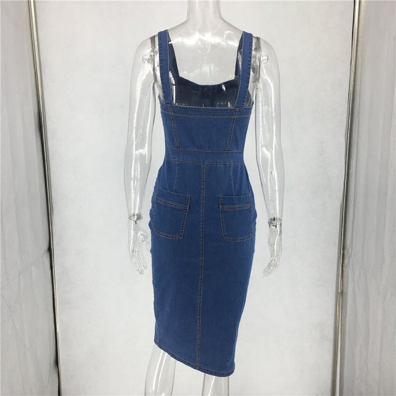 Women's Square Neck Strappy Midi Dress with Front Buttons, Patch Pockets, and Front Slit